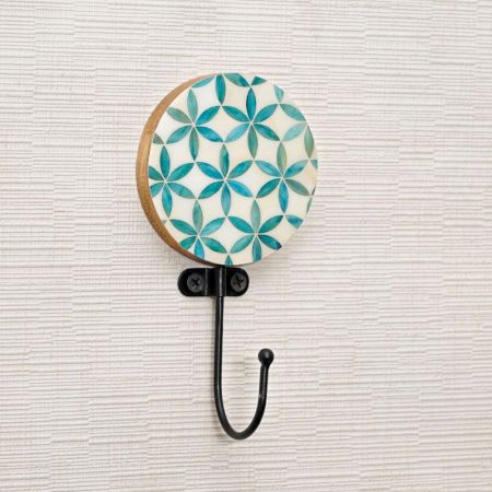 Green Floral Pattern Round Wood and Resin Wall Hook